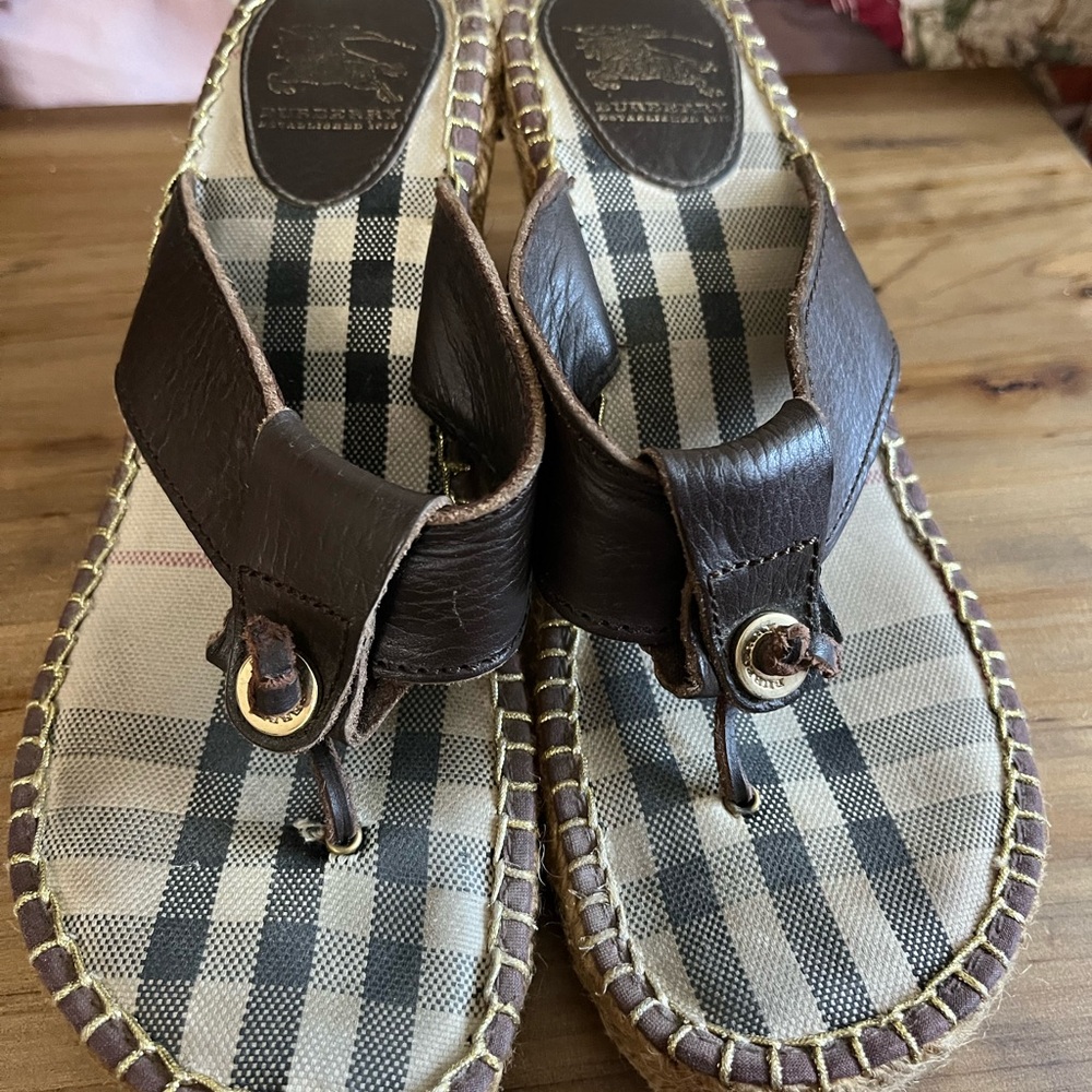 Burberry Brown Plaid Leather Wedge Sandals